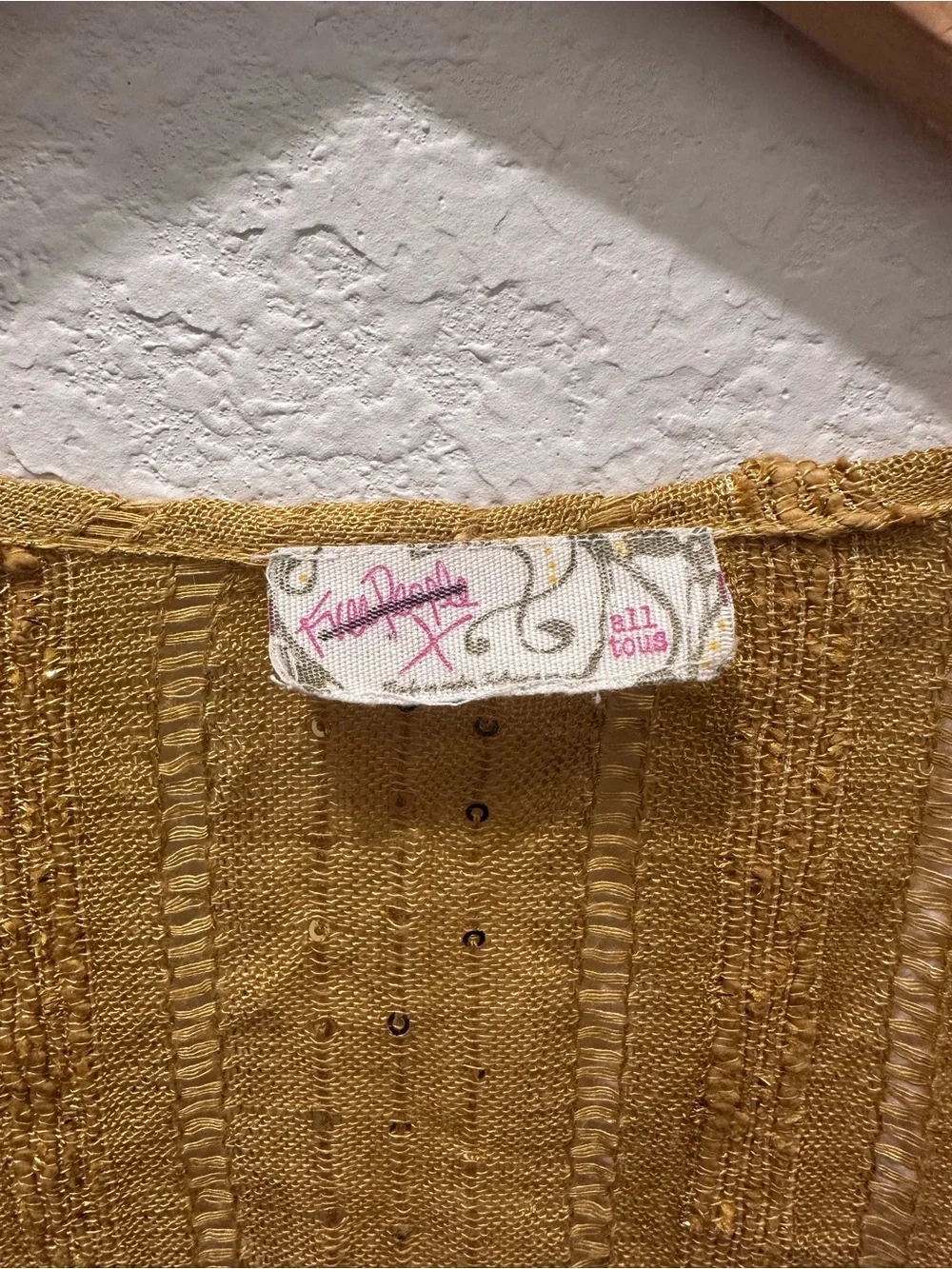 Free People Mustard Yellow Sequin Pointelle Open Front‎ Kimono Wrap OS